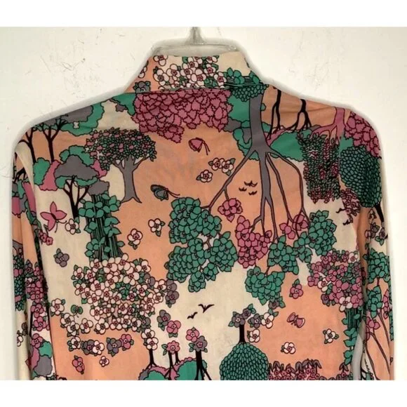 Vintage 70s Disco Long Sleeve Shirt Size M Psychedelic Trees Nature Butterfly